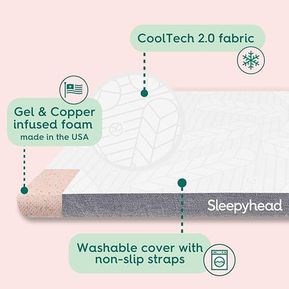 Sleepyhead Twin XL 3 Inch Super Memory Foam Mattress Topper for College Dorm – Copper & Gel Infused, Cooling, Washable Cover, Thick & Comfortable Mattress Pad, Dorm Room Essentials (XL Twin 3")