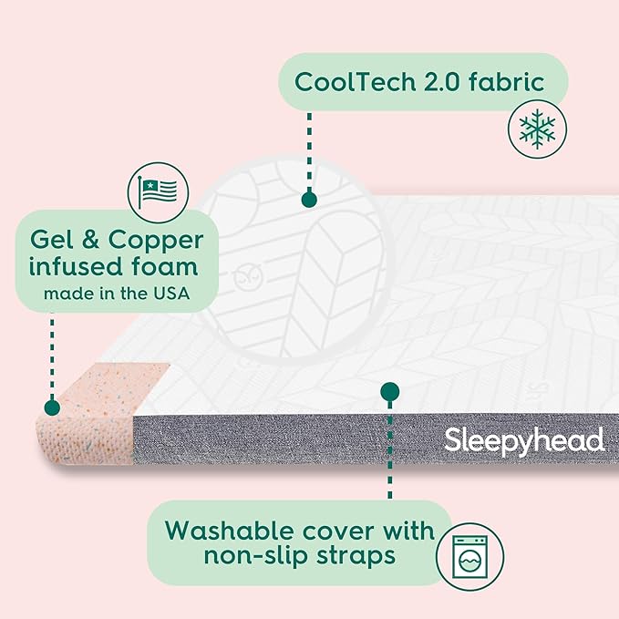 Sleepyhead Twin XL 2 Inch Super Memory Foam Mattress Topper for College Dorm – Copper & Gel Infused, Cooling, Washable Cover, Thick & Comfortable Mattress Pad, Dorm Room Essentials (XL Twin 2")