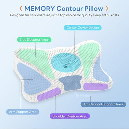 Sweetcrispy Cervical Pillow for Neck and Shoulder - Ergonomic Memory Foam Pillows, Contour Side Sleeper for Adults, Cooling Orthopedic Neck Support for Back Stomach Sleepers, King Size, White