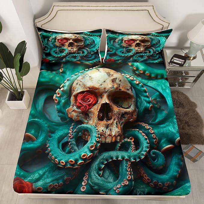 Skull Skeleton Fitted Sheet Full Size,Octopus Marine Life Ocean Animals Bedding Set,Boys Girls Room Decor,Happy Halloween Rose Flowers Trippy Bed Cover,Blue Gothic Bed Sheet,2 Pillowcases