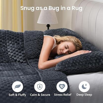 Drewin Weighted Blanket Queen Size 20lbs, Soft Cozy Jacquard Sherpa Weighted Blanket for Adults, 60 x 80 inches Bed Blanket for Sleeping, Cozy Fluffy Knitted Heavy Blanket, Grey Blue