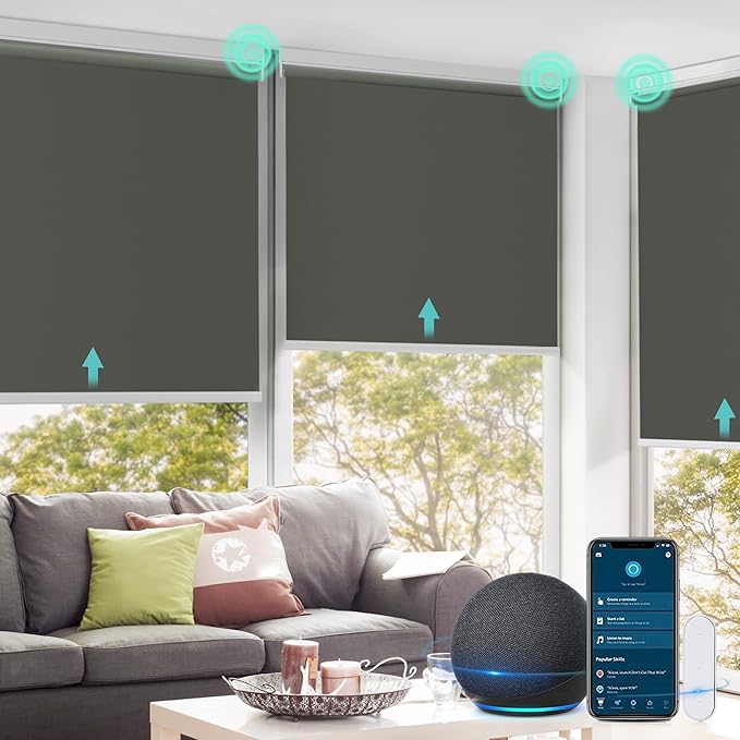 Allesin Motorized Roller Shade Work with Alexa for Window, 100% Blackout Smart Shades Cordless with Remote Control, Electric Automated Blinds for Window, Customized Size for Smart Home (Smoky Grey)