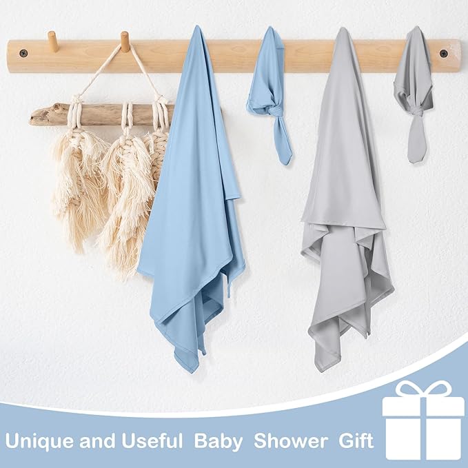 JaGely 2 Pcs Stretchy Baby Swaddle Blankets Set Extra Soft 47" x 47" Baby Newborn Swaddle Blanket and Hat(Light Gray, Light Blue)