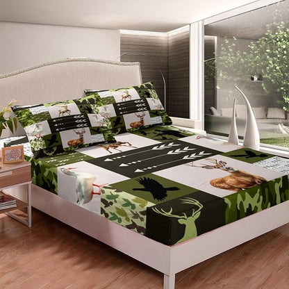 Cabin Deer Kids Fitted Sheet Full Size,Hunt Arrows Geometric Camo Grids Bedding Set,Boys Girls Room Decor,Duck Bass Fish Sealife Wild Animal Rustic Bed Cover,Green Bed Sheet,2 Pillowcases,No Top Sheet
