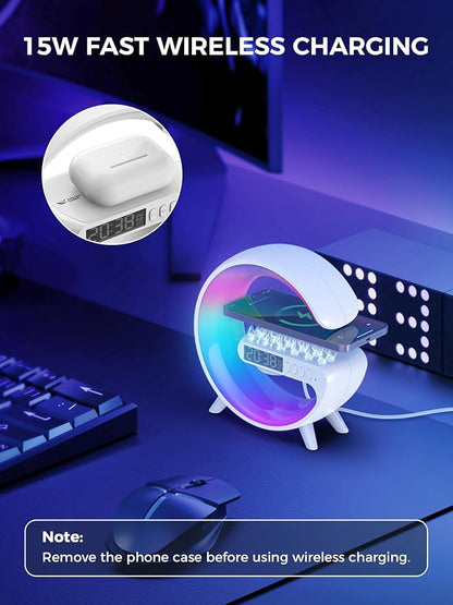 Smiling Shark Wake Up Light, Atmosphere Desk Light with 15W Wireless Charger & Bluetooth Speaker Button Control 10 Lights Mode Sunrise Simulation Alarm Clock Smart Light for Home Decor Bedroom