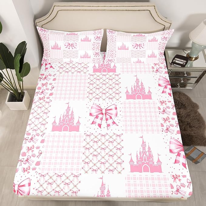 Princess Castle Bedding Set Full Size,Dreamy Bow-tie Bowknot Fairy Tale Kawaii Fitted Sheet,Pink White Geometric Plaids Patchwork Sheet Set for Kids Teens Adults Bedroom Decor,2 Pillowcases