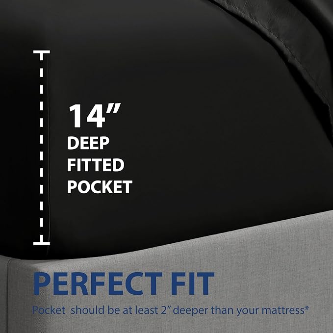 Cathay Home Twin Fitted Sheet - Double Brushed Ultra Soft – Wrinkle & Fade Resistant - 16" Deep Pocket Fitted Sheet Only - Good Fit for 14"-18" Deep Mattress (Twin, Black)