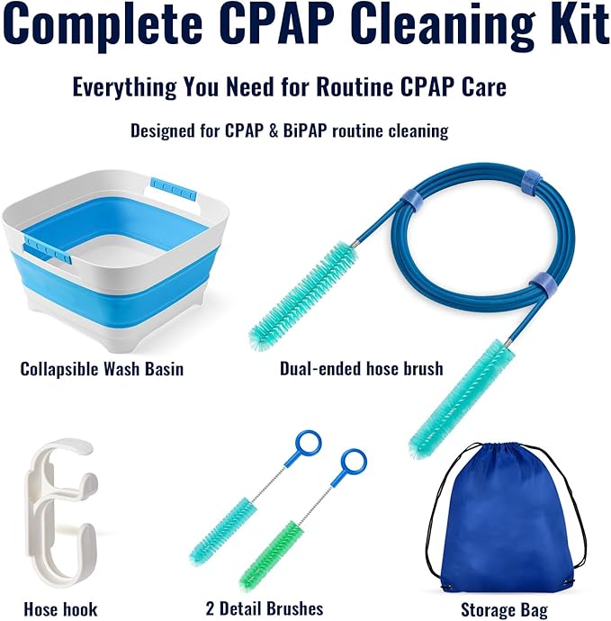 Complete CPAP Cleaning Kit with Dual-Ended 22mm & 15mm Hose Brush, Collapsible Wash Basin, 2 Detail Brushes, Hook & 210D Storage Bag for CPAP/BiPAP Tubing & Mask Care