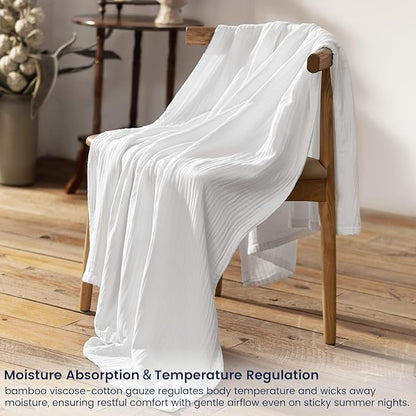 PHF Cooling Muslin Throw Blanket for Hot Sleepers, 60% Rayon Derived from Bamboo, 40% Cotton for Summer, 4-Layer Breathable Gauze Blanket for Bed Couch, 50"x60", White