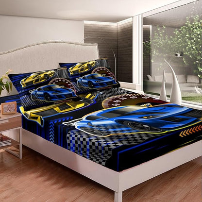 Street Art Style Bedding Set Full Size,Racing Theme Fitted Sheet,Race Car Sheet Set for Kids Teens Adults Bedroom Decor,2 Pillowcases