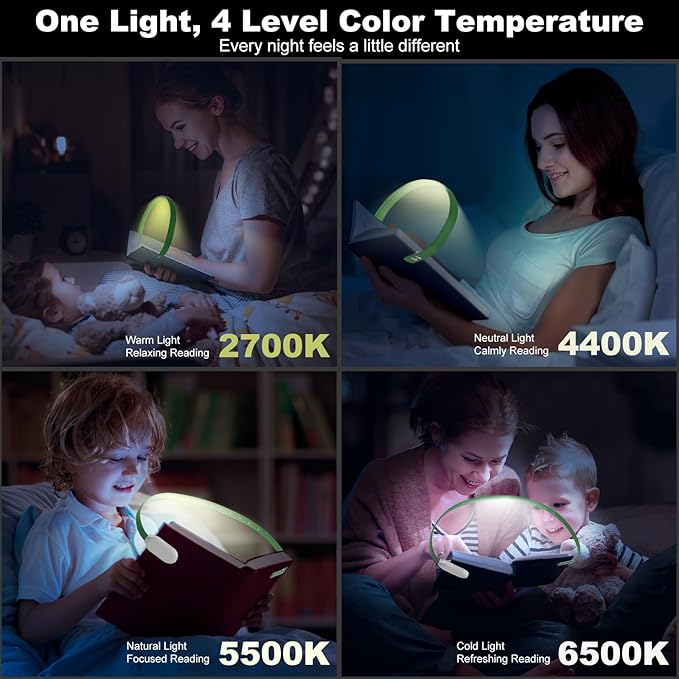 Rechargeable Book Light for Reading, 12 LED Eye-Care Reading Light, 4 Color Temperatures, Stepless Dimming, No Flicker, Evenly Distributed Lighting for Books, Perfect for Reader (Green)