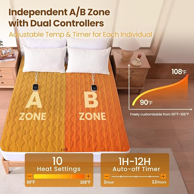 Bearhug Queen Electric Mattress Pad, Dual Control Bed Warmer with 10 Heat Level, Auto Shut Off Timer, Zipper Heated Mattress Pad with Deep Pocket Up to 18",ETL Certified, Machine Wash 60" x 80", Brown