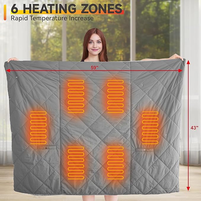 Outdoor Heated Blanket with 10000mAh Power Bank, Battery Operated Cordless Electric Heating Throw with 3 Heat Settings, Fast Heating Wearable USB Throw for Camping, Travel, Office & Home Use-Gray