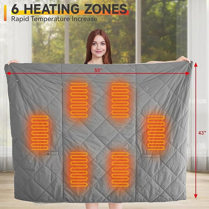 Outdoor Heated Blanket with 10000mAh Power Bank, Battery Operated Cordless Electric Heating Throw with 3 Heat Settings, Fast Heating Wearable USB Throw for Camping, Travel, Office & Home Use-Gray