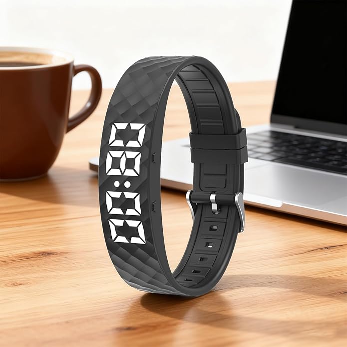 Alarm Bracelet, Silent Timer Watch, 8.82x0.65x0.37inches Wristband Vibration, Adjustable Clock Band with Rubber Build, Travel Accessory with Modern Style, Sleep Aid Gear for Women Men Seniors Elderly