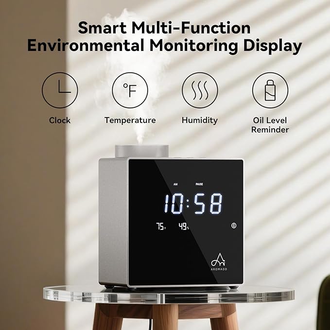2026 Smart Waterless Diffuser, 2000 Sq.Ft Cold Air Scent Machine with Clock & Environmental Display | 7 Fragrance Levels, 9 Timer Settings, Hotel Collection Diffuser for Home & Large Rooms (Silver)