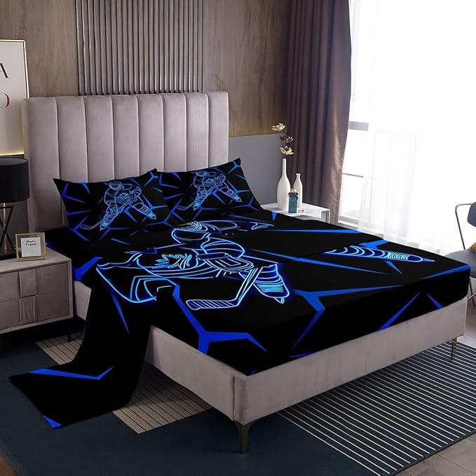 Manfei Ice Hockey Player Kids Sheet King Size,Geometric Triangles Lines Bedding Set,Boys Girls Room Decor,Winter Competition Sports Games Blue Black Bed Sheet Set 4pcs(Fitted + Flat + 2 Pillowcases)
