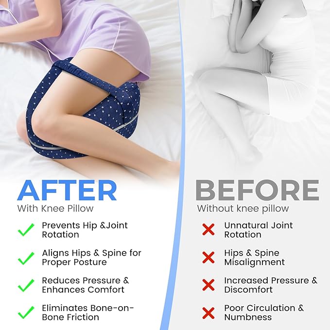 Knee Pillow for Side Sleepers Hip Pain,Alignment Pillows for Side Sleepers with Adjustable Strap,Leg Pillow for Side Sleeping,Shaped Memory Foam Pillows Relieving Leg, Back, Knee,Grid Blue (Navy Blue)