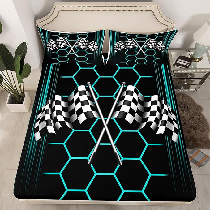 Checkered Flag Fitted Sheet Twin Size,Neon Lines Honeycomb Geometric Bed Sheet with 1 Pillowcase,Racing Car Theme Soft Decorative Fabric Bedding,Room Gift