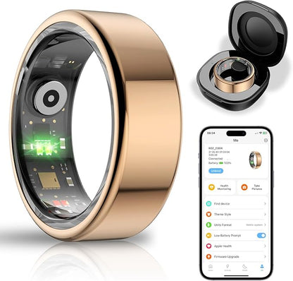 Smart Health Ring for Women Men,Fitness Tracker Smart Ring with Heart Rate,Sleep Monitor,Blood Oxygen,Steps,IP68 Waterproof Up to 5-7 Days Battery Life for iOS Android,No App Fee(Gold,9)
