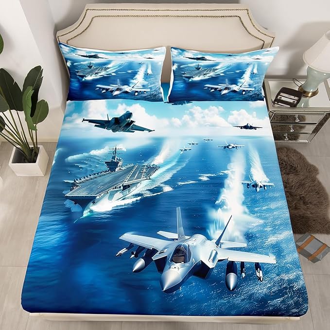Warplane Kids Fitted Sheet Queen Size,Aviation Aircraft Warship Bedding Set,Boys Men Room Decor,Modern Fighter Airplane Fashion Bed Cover,Ocean Blue Bed Sheet,2 Pillowcases