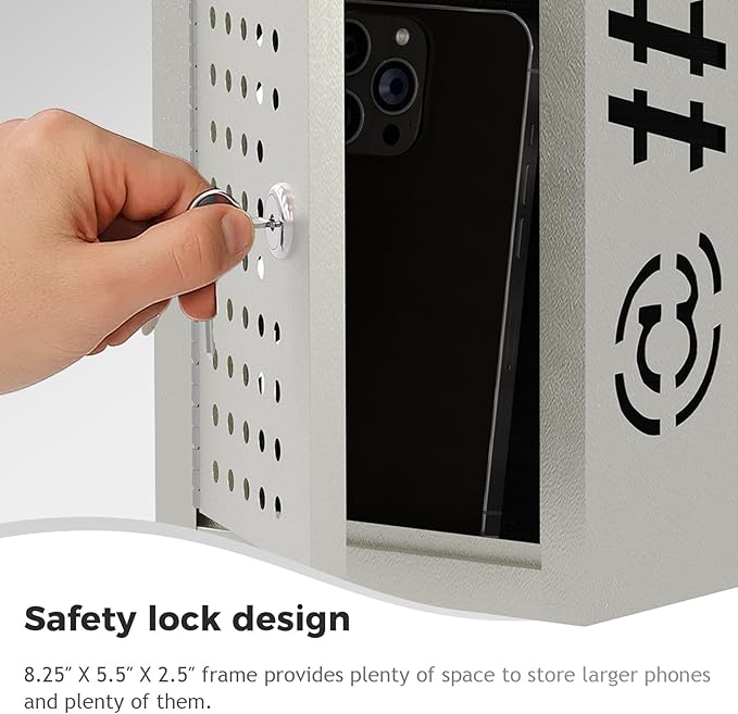 OSKIE Phone Downtime Box - Lockable Smartphone Storage for Home & Office, Key Lock Secure Metal Organize, Wall Mountable, 8.25” x 5.5” x 2.5” (graywhite)