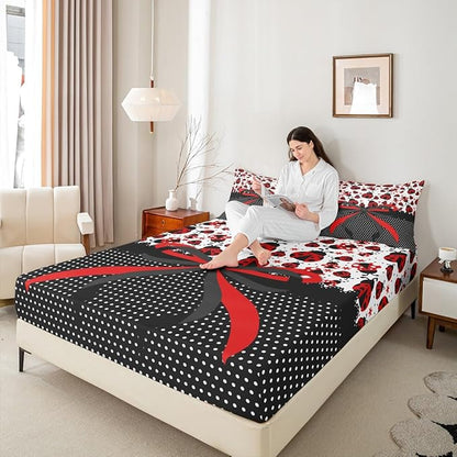 Manfei Red Black Bowknot Kids Sheet King Size,Ladybug Ladybird Beetle Insect Rustic Girls Boys Bedding Set Decor,Geometric Polka Dots Bow Tie Cute Bed Sheet Set 4pcs(Fitted + Flat + 2 Pillowcases)