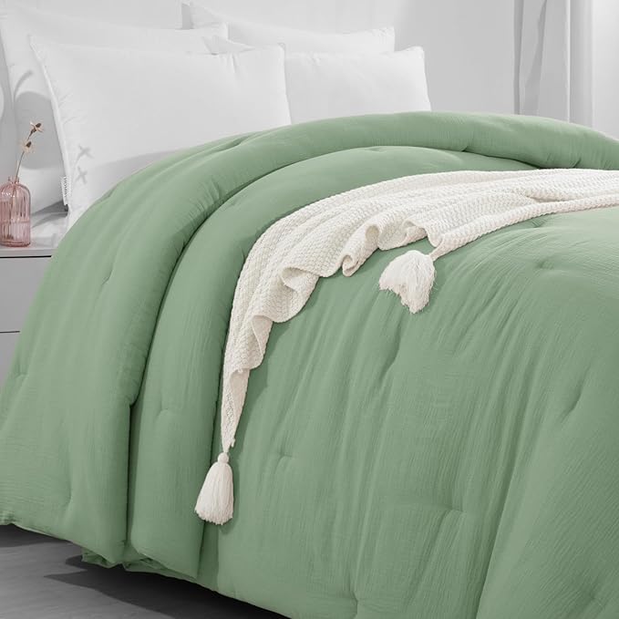 HOMBYS 100% Cotton Muslin Comforter Oversized King 120x120, Lightweight and Breathable Down Alternative Comforter,Soft Gauze Summer Sage Green Reversible Fluffy Duvet Insert