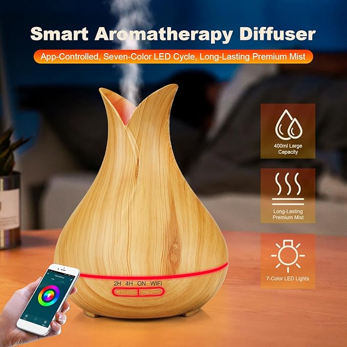 Smart WiFi Essential Oil Diffuser App Control Air Humidifier (Light Wood UK)