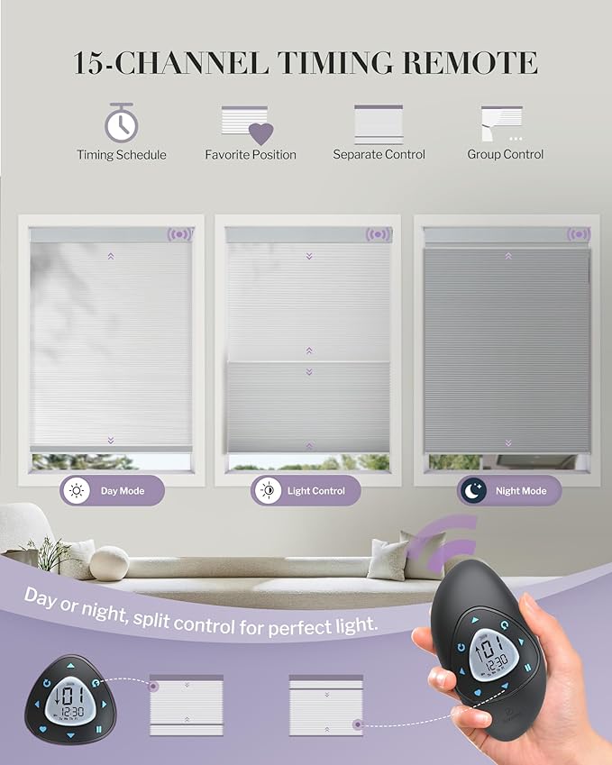 Graywind Motorized Day Night Cellular Shades with Remote, Smart Honeycomb Blinds Compatible with Alexa & Google Home, Custom Size Blackout/Privacy for Bedroom, Living Room & Home Office, White