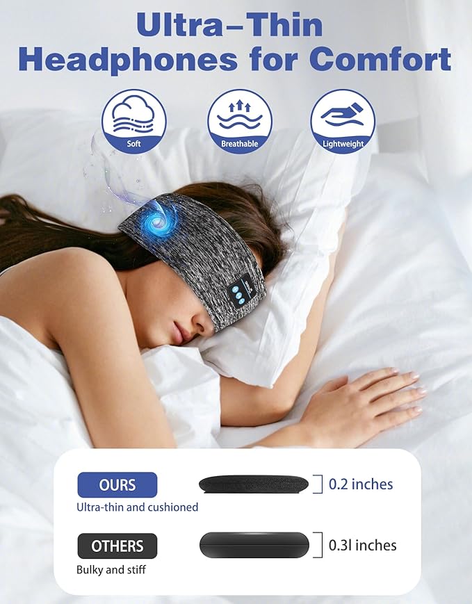 Adjustable Sleeping Headphones, 2-Pack Headband Headphones with Fastener, Bluetooth Headband with Thin Speakers Mic for Men Women, Yoga, Running, Workout, Travel - Black&Gray