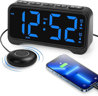 Loud Alarm Clock for Heavy Sleepers Adults, Vibrating Alarm Clock for Teens/Deaf, 7.5" Bright Clear Digital Screen, Adjustable Brightness with Night Light, 3 Levels Bed Shaker Under Pillow, Dual Alarm