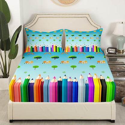 Manfei School Teal Blue Bed Sheet King Set,Colorful Lines School Learning Theme Sheet Sets Room Decoration,Cartoon Sun Rainbow Tree House Graffiti Bedding Set with Flat,Fitted Sheet,2 Pillow Cases