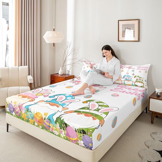 Lovely Gnome Fitted Sheet Twin Size Eggs Flowers Happy Easter Bedding Set for Kids Bedroom Floral Spring Cartoon Bed Sheet Set 2pcs White Colorful Deep Pocket Mattress Cover,No Top Flat