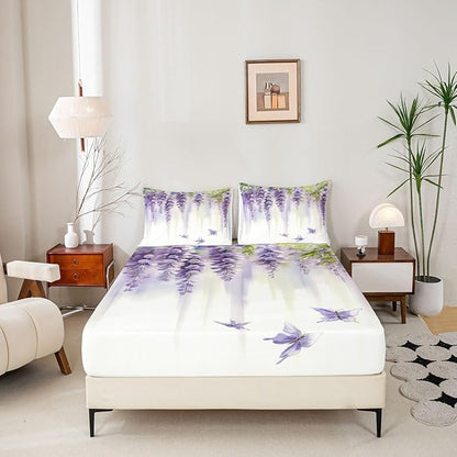 Lavender Boys Girls Bed Sheets,Butterfly Spring Floral Room Decor,Dreamy Lilac Flower Leaves Kids Twin Size Fitted Sheet,Purple Beige Bedding Set,1 Pillowcase(No Flat)