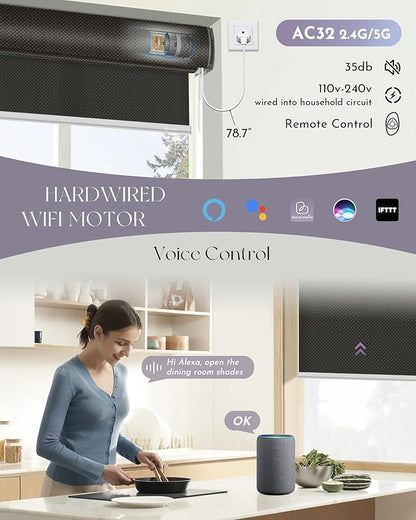 Graywind Motorized Roller Shades Compatible with Alexa Google Hardwired WiFi Smart Light Filtering Blind Remote Automated Blinds Electric Window Shade, Custom Size (3% Openness Chocolate)