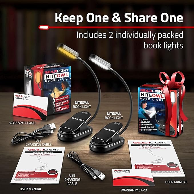 GearLight Rechargeable Book Light for Reading in Bed - Adjustable LED Clip-on Lamp with 3 Light Modes - Rechargeable, Flexible Neck Reading Light for Books, Laptops, and More - Black - (Pack of 2)