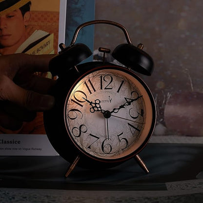 Loud Alarm for Deep Sleepers 4'' Retro Twin Bell Alarm Clock with Backlight for Bedroom and Home Decoration(Retro Black)