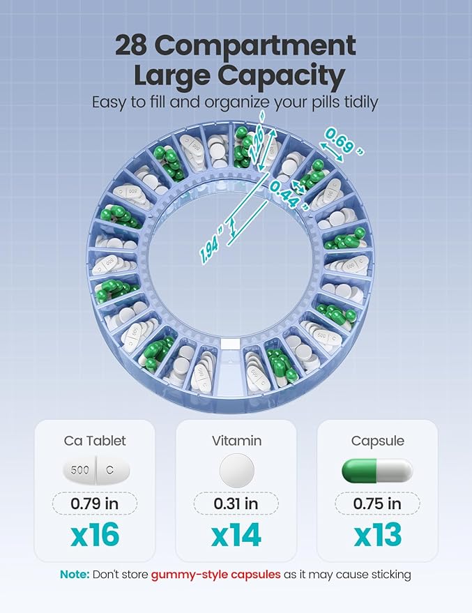 28-Day(1X) Automatic Pill Dispenser – One-Press Daily Dispense, Easy-to-Use Slide-Door Cup, Sound & Light Alerts, Moisture-Proof Dual Desiccants, Large Compartments for Tablets & Capsules