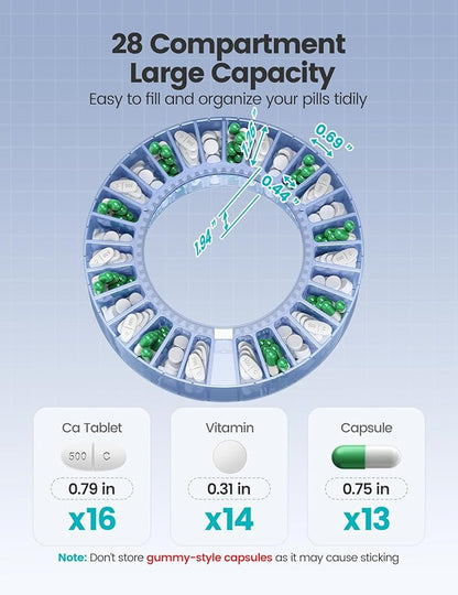 28-Day(1X) Automatic Pill Dispenser – One-Press Daily Dispense, Easy-to-Use Slide-Door Cup, Sound & Light Alerts, Moisture-Proof Dual Desiccants, Large Compartments for Tablets & Capsules