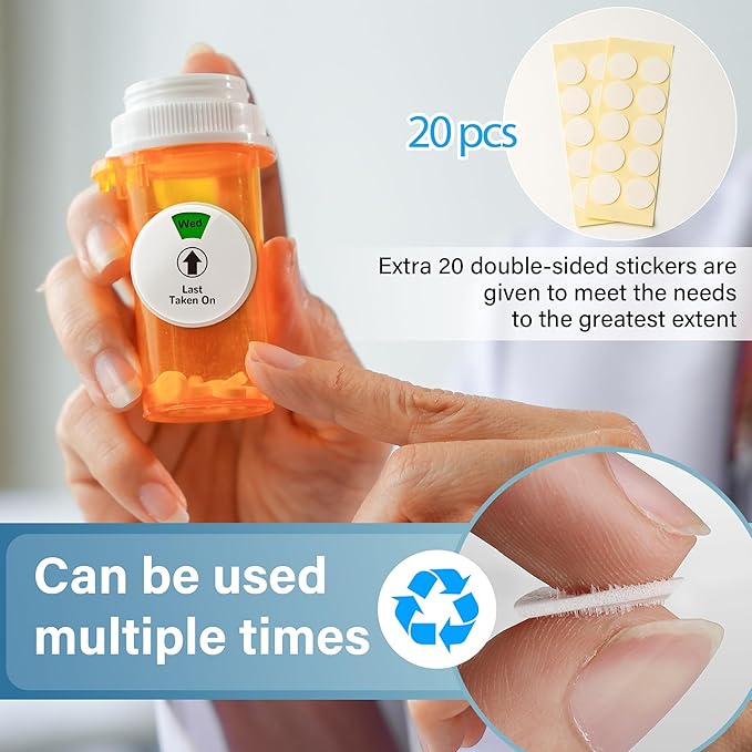 2 Pack 7-Day Pill Reminder Tracker 2-in-1 Magnetic & Adhesive – Stick to Plastic or Glass Bottles, or Attach Magnetically to Fridge/Metal Surfaces – Reusable for Medications, Vitamins, Pet Medicine