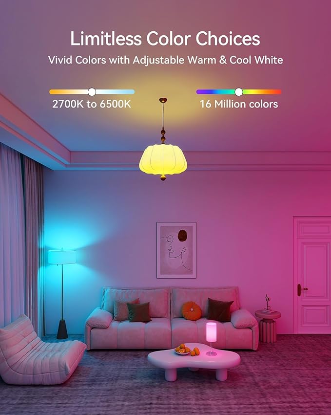 Matter Smart Light Bulbs, Color Changing Light Bulb, hub Required, A19 60W,2.4Ghz WiFi only,Compatible with Alexa Google Assistant, Apple Home,16 Million Colors RGBCW 800 Lumen,6 Pack