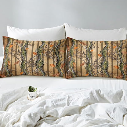 Tree Branches Kids Fitted Sheet Queen Size,Wild Jungle Botanical Leaves Rustic Bedding Set,Boys Girls Room Decor,Hunter Cabin Geometric Stripes Bed Cover,Brown Bed Sheet,2 Pillowcases(No Top Sheet)