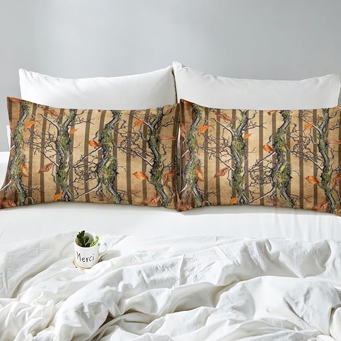 Tree Branches Kids Fitted Sheet Full Size,Wild Jungle Botanical Leaves Rustic Bedding Set,Boys Girls Room Decor,Hunter Cabin Geometric Stripes Bed Cover,Brown Bed Sheet,2 Pillowcases(No Top Sheet)