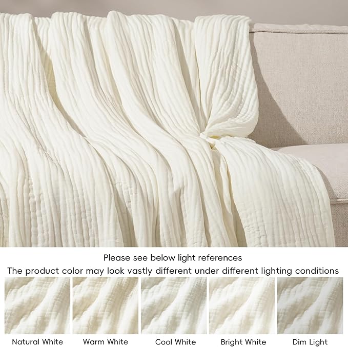 PHF Cooling Muslin Blanket Queen Size 90"x80", 6-Layer Lightweight Gauze Blanket Made from 35% Rayon Derived from Bamboo & 65% Cotton, Breathable & Ultra Soft Cozy for Hot Sleepers, Snow White