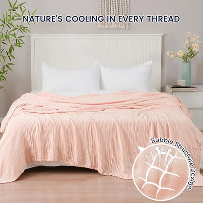 PHF Cooling Muslin King Blanket for Hot Sleepers, 60% Viscose from Bamboo, 40% Cotton for and 4-Layer Breathable Gauze Blanket for Bed Couch, 108"x90", Pink Rose