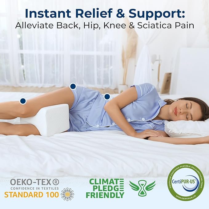 5 STARS UNITED Large Knee Pillow for Side Sleepers - Hip Pain Relief, Memory Foam Leg Cushion for Side Sleeping - Between Legs Pillow for Sciatica & Lower Back Pain, White
