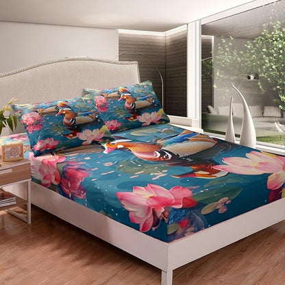 Manfei Rustic Duck Fitted Sheet King Size with 2 Pillowcases,3D Print Lake House Farmhouse Animal Bed Sheet Set,Pink Lotus Botanical Leaves Natural Top Flat Sheet Luxury Microfiber Breathable