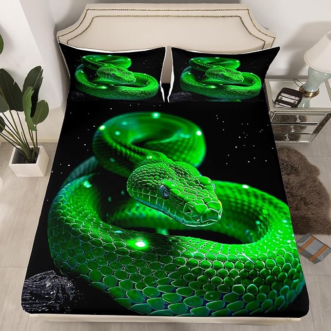 Manfei 3D Snake Kids Sheet Twin Size,Exotic Reptile Animal Bedding Set,Boys Men Room Decor,Green Snake Jungle Wildlife Rustic Nature Green Black Bed Sheet Set 3pcs(Fitted + Flat + 1 Pillowcase)