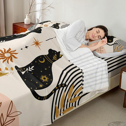 Cute Cat Silhouettes Sheet Full,Sun Moon Trippy Bedding Set for Kids Teens Adults,Floral Leaves Animal Creative Colorful Bed Sheet Set 4pcs with Deep Pocket Fitted Sheet + Flat Sheet +2 Pillowcases